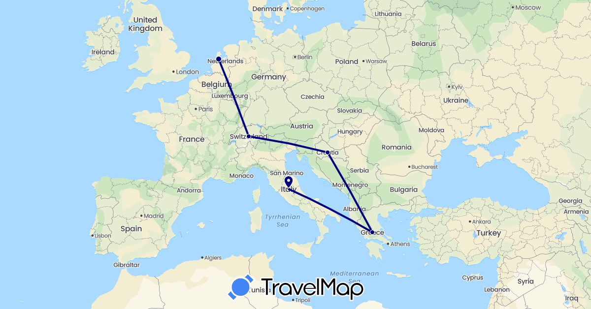TravelMap itinerary: driving in Switzerland, Greece, Croatia, Italy, Netherlands (Europe)